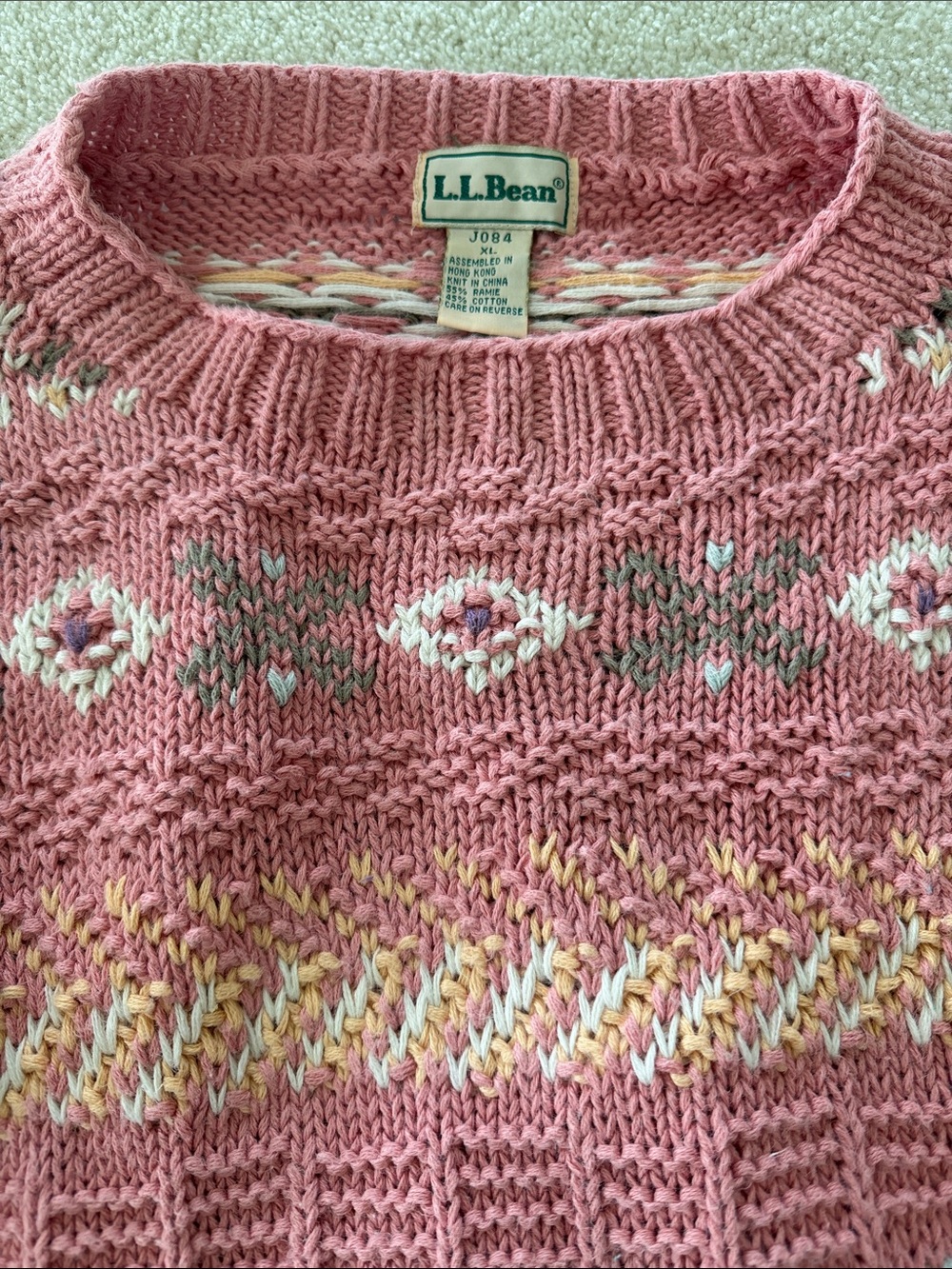 L.L.Bean Vintage Fair Isle Knit Sweater – Pink Cozy Cottagecore Pullover Size XL - Picture 4 of 6